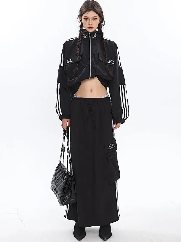 Delila Solid Color Triple Stripes Cropped Coat Regular Coat Long Skirt Matching Set lace skirt romantic