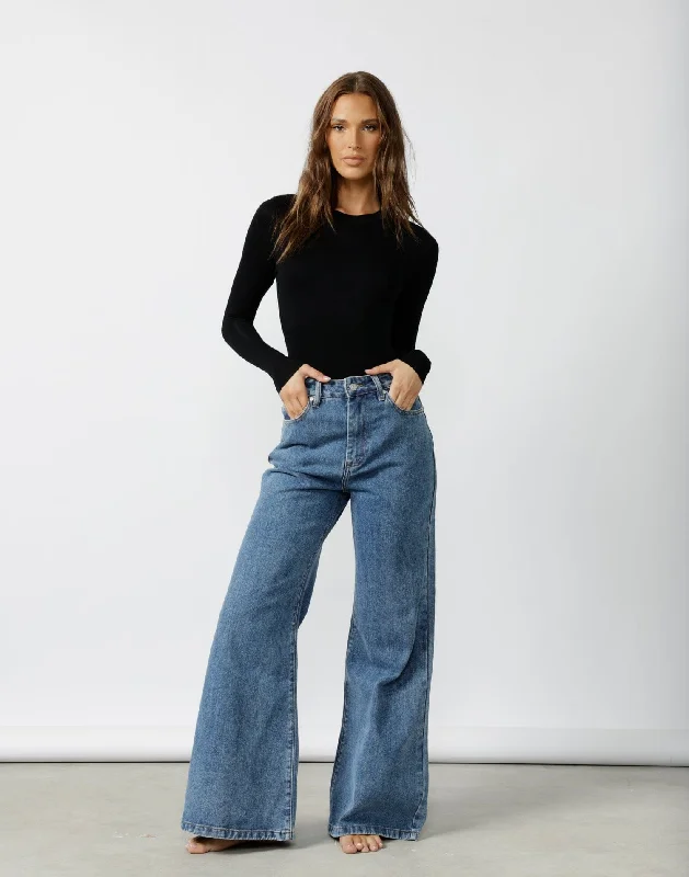 Ethan Wide Leg Jeans (Mid Wash) Chic Double Waistband Jeans