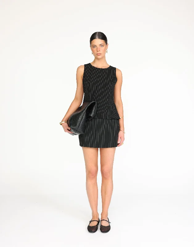 Kenza Mini Skirt (Black Pinstripe) ribbed skirt waist
