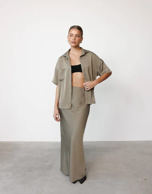 Morena Maxi Skirt (Dusty Olive) leather skirt sleek