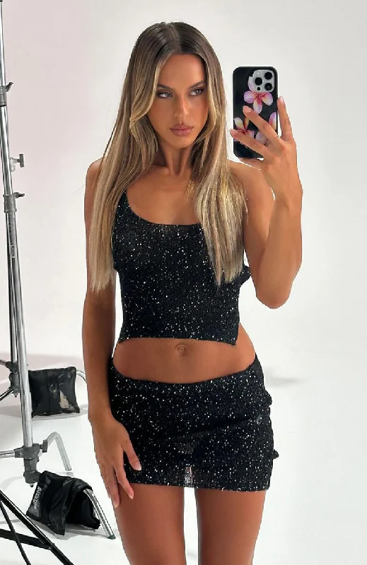 My Little Secret Sequin Knit Mini Skirt Black floral skirt print