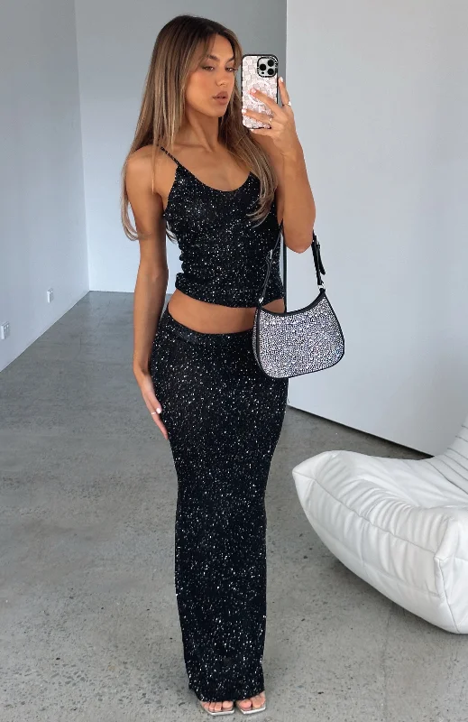 Star Shining Sequin Knit Maxi Skirt Black satin skirt smooth