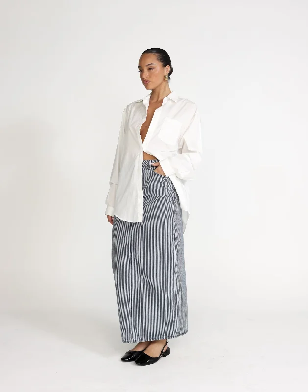 Tyler Denim Maxi Skirt (Navy Pinstripe) leather skirt sleek