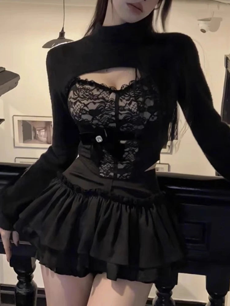 Znbbw Sexy 3 Piece Set Women Fashion Lace Design New Y2K Suit Female Long Sleeve Coat + Black Strapless +pleated Skirt Spring linen skirt natural