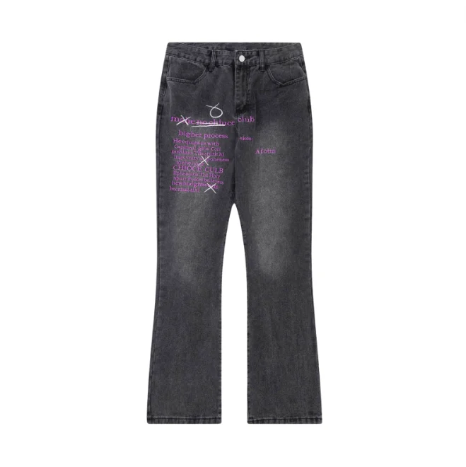 NB Washed Distressed Letter Jeans Casual High-Waisted Bootcut Jeans