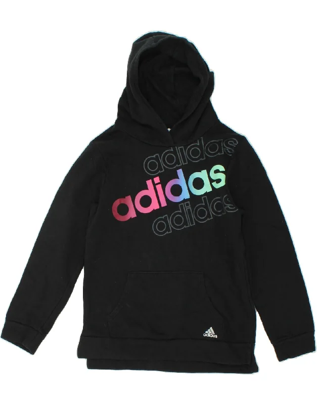 ADIDAS Girls Graphic Hoodie Jumper 11-12 Years Large Black Cotton Hoodie with Tied Waist Feminine Flattering ADIDAS Girls Graphic Hoodie Jumper 11-12 Years Large Black Cotton Hoodie with Tied Waist Feminine Flattering
