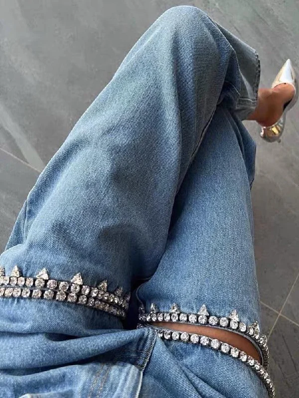 Baddie Embellished Cut-Out Jeans Trendy Colored Denim Jeans