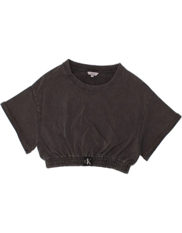 CALVIN KLEIN Womens Crop Short Sleeve Sweatshirt Jumper UK 10 Small Grey Hoodie with Cropped Fit Short Trendy CALVIN KLEIN Womens Crop Short Sleeve Sweatshirt Jumper UK 10 Small Grey Hoodie with Cropped Fit Short Trendy