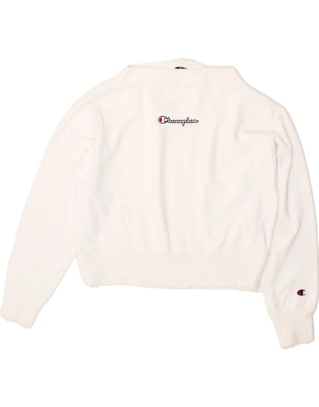 CHAMPION Womens Crop Sweatshirt Jumper UK 14 Medium White Cotton Hoodie with Embroidery Detailed Premium CHAMPION Womens Crop Sweatshirt Jumper UK 14 Medium White Cotton Hoodie with Embroidery Detailed Premium