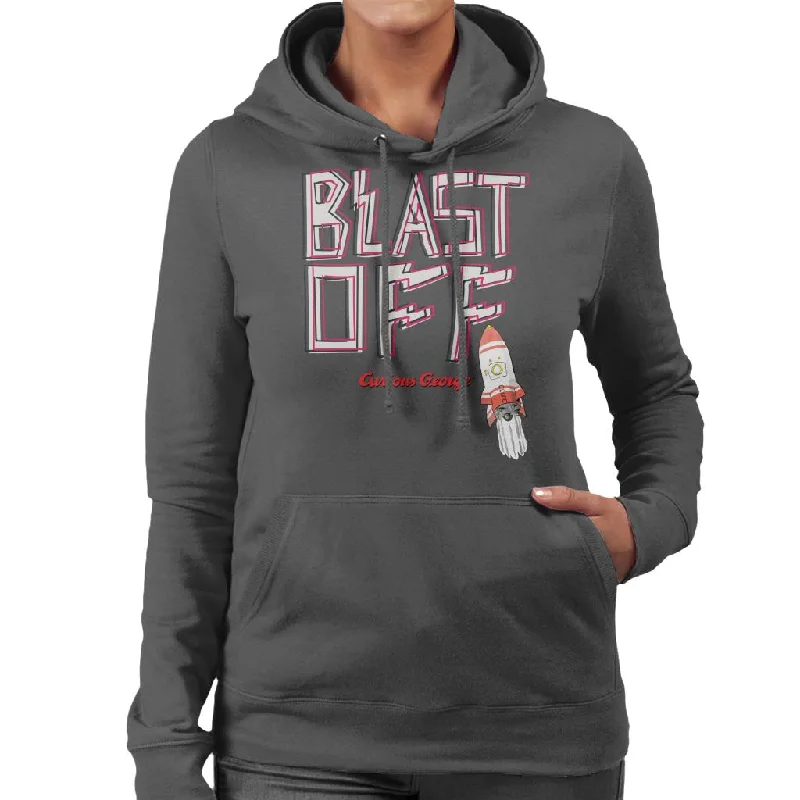 Curious George Blast Off Rocket Women's Hooded Sweatshirt Hoodie with Metallic Shiny Futuristic Curious George Blast Off Rocket Women's Hooded Sweatshirt Hoodie with Metallic Shiny Futuristic