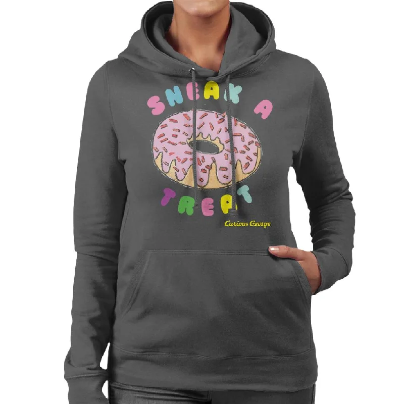 Curious George Sneak A Treat Donut Women's Hooded Sweatshirt Hoodie with Frayed Bohemian Relaxed Curious George Sneak A Treat Donut Women's Hooded Sweatshirt Hoodie with Frayed Bohemian Relaxed