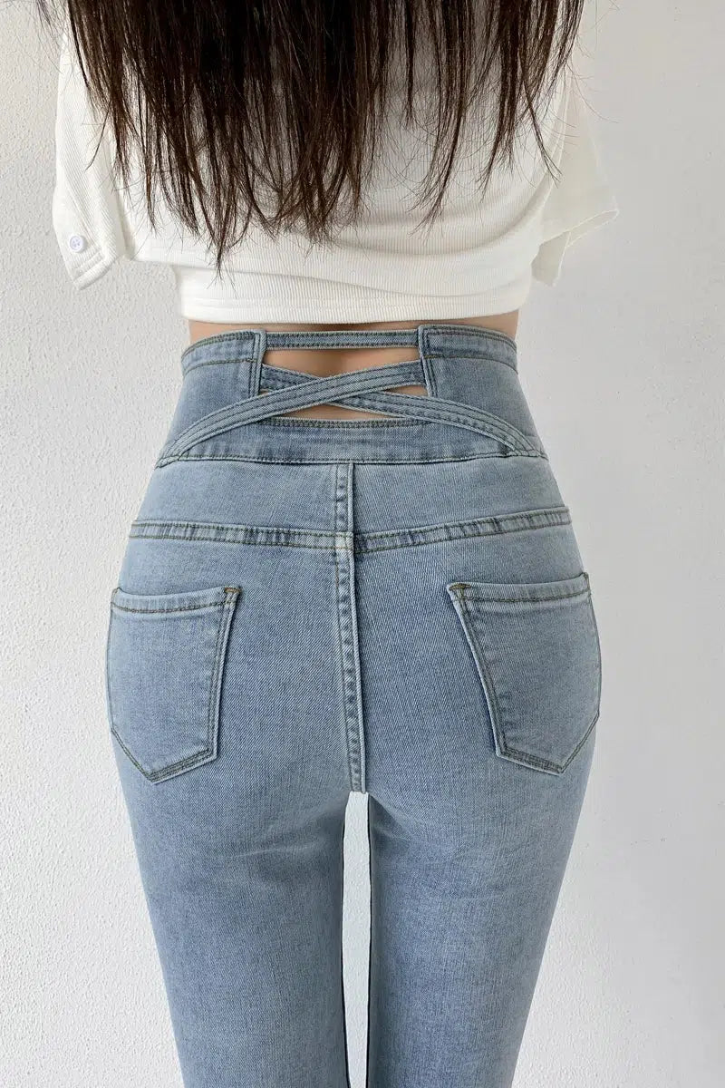 Cut Out Cross Waistband Skinny Jeans Chic Cropped Jeans