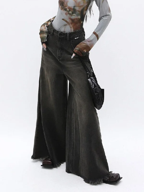 Dark Wash Distressed Wide Leg Jeans Fashionable Raw Edge Jeans