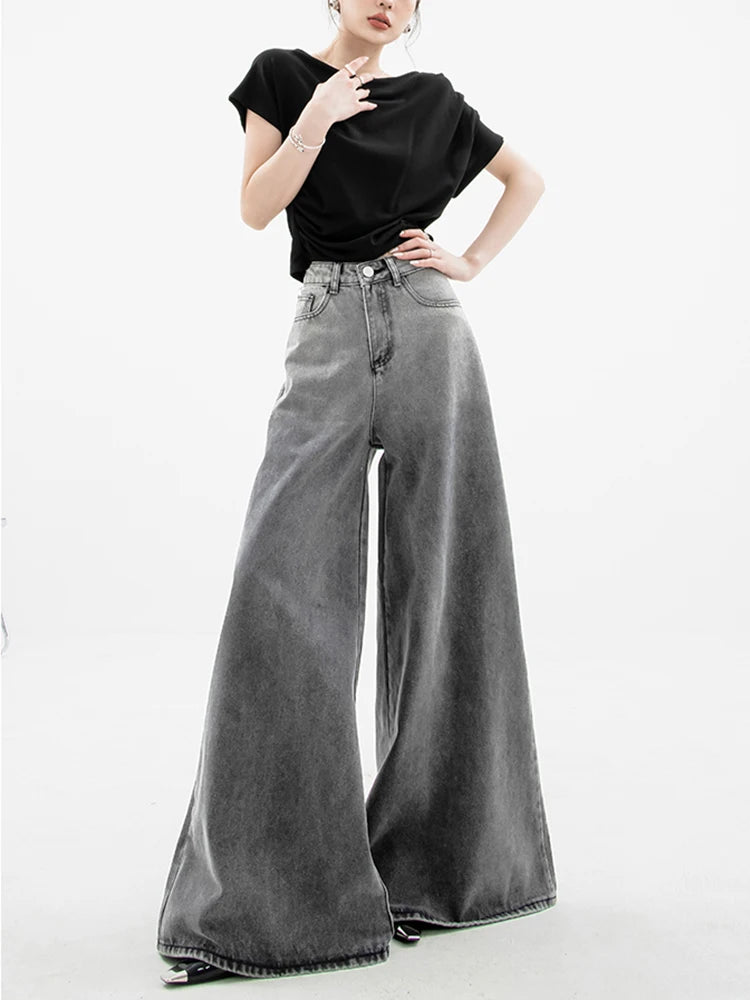 Dark Wash Super Wide Leg Jeans Trendy Low-Rise Bootcut Jeans