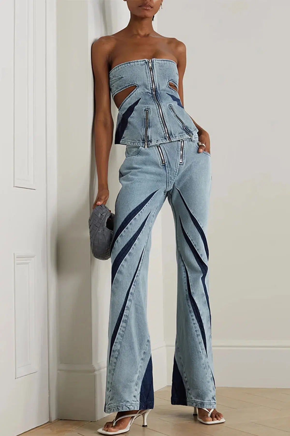 Denim Cut Out Tube Top & Patch Jeans Two Piece Set Comfortable Low-Rise Jeans