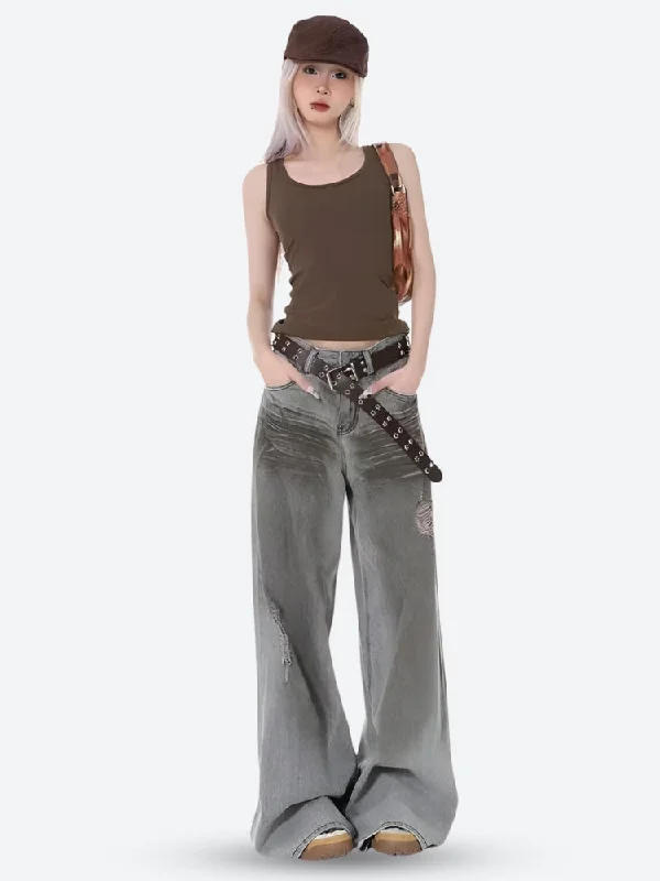 Distressed Wide Leg Jeans Trendy Skinny Fit Jeans