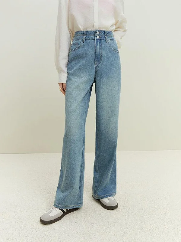 Double Buttoned Light Washed Jeans Stylish Paperbag Waist Denim