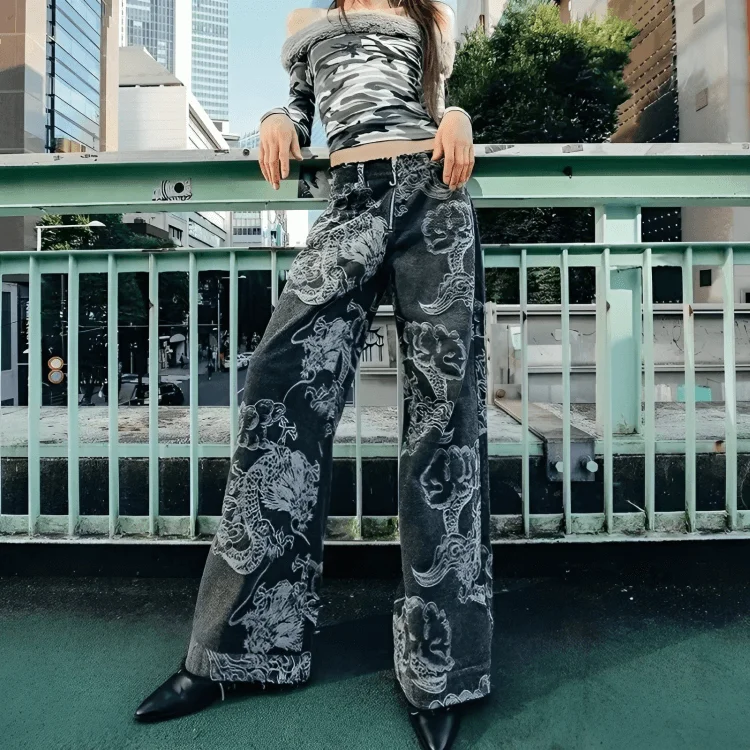 Dragon Printed Jeans Stylish High-Waist Jeans