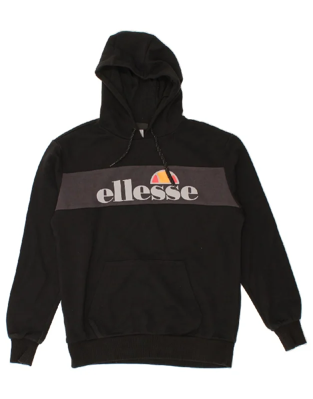 ELLESSE Mens Graphic Hoodie Jumper Small Black Colourblock Cotton Hoodie with Side Slits Relaxed Casual ELLESSE Mens Graphic Hoodie Jumper Small Black Colourblock Cotton Hoodie with Side Slits Relaxed Casual