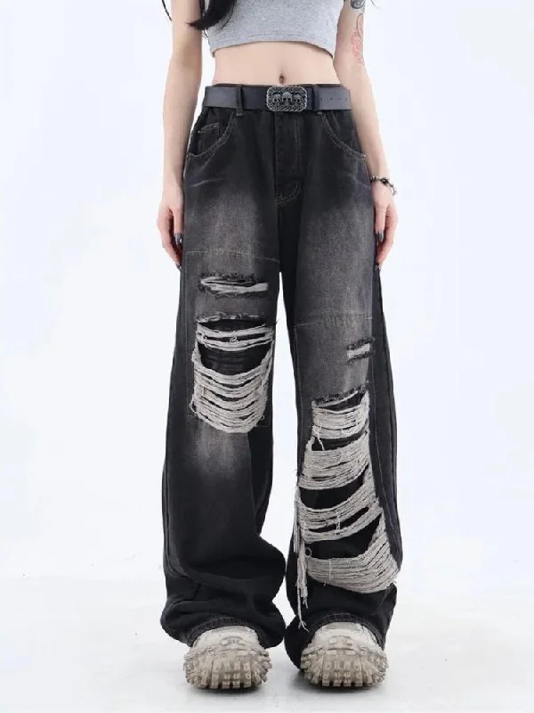 Grunge Dark Wash Distressed Jeans Casual Distressed Denim Jeans