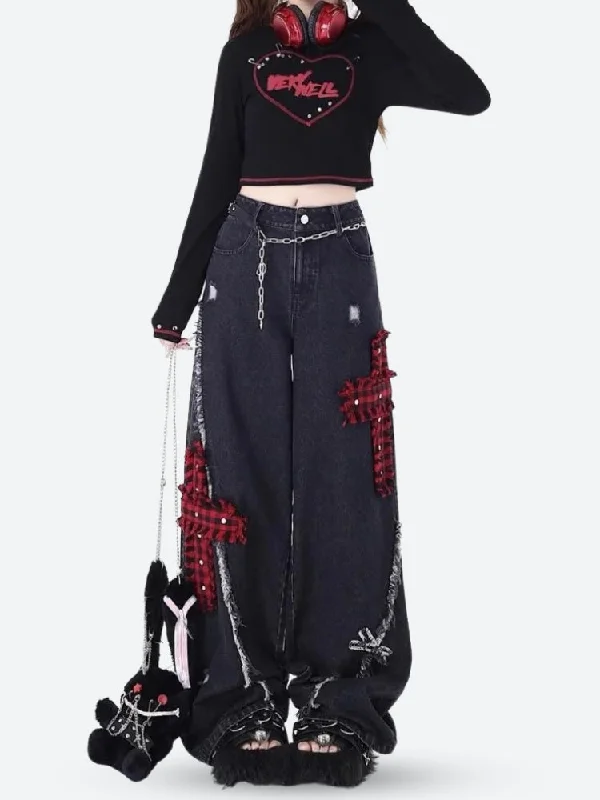 Grunge Plaid Cross Patch Jeans Trendy Low-Rise Slim Jeans