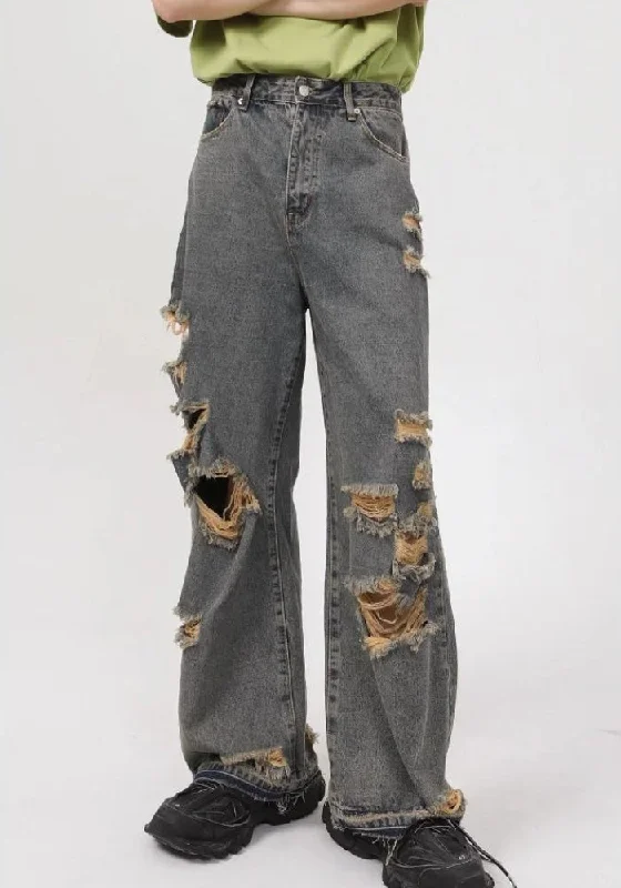 Grunge Ripped Straight Leg Jeans Comfortable Straight-Legged Denim