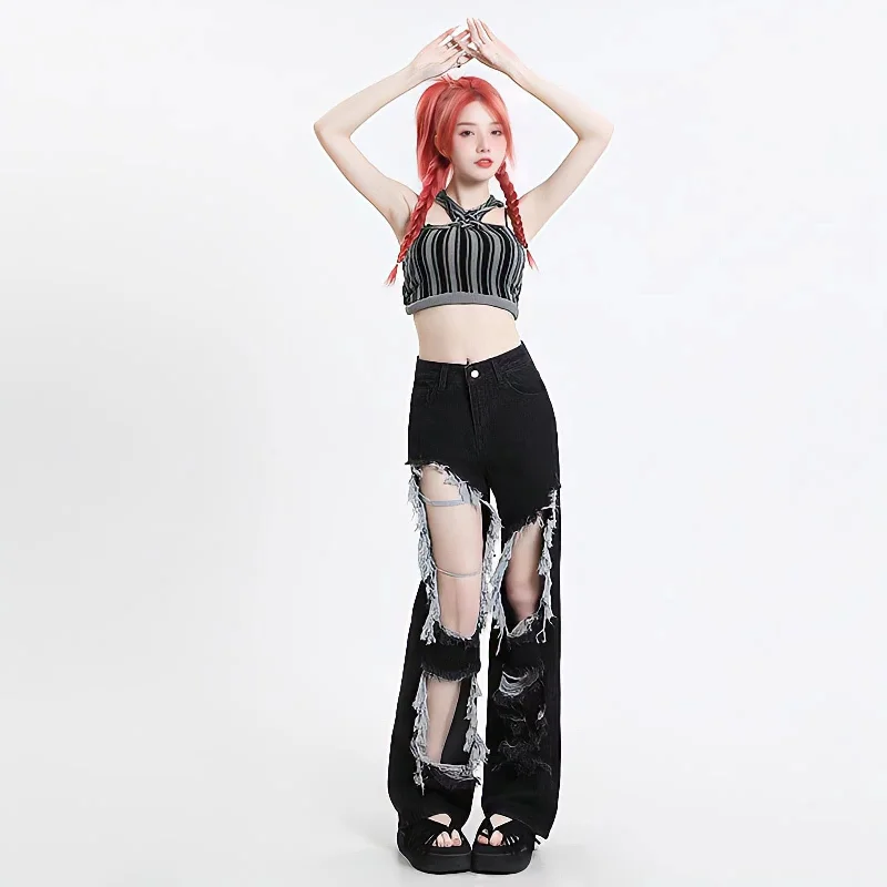 Grunge Ripped Wide Leg Jeans Trendy Skinny High-Waist Jeans