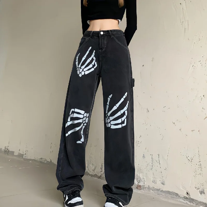 Grunge Skeleton Hand Printed Jeans Comfortable Jogger Style Jeans