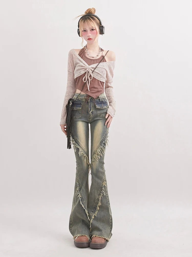 Soft Grunge Tasseled Flare Jeans Fashionable Distressed Jeans