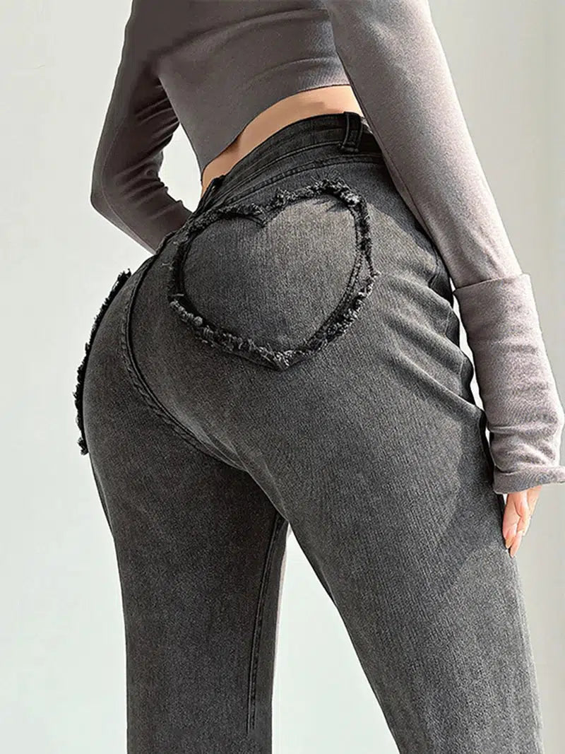 Heart Pocket Flare Jeans Stylish High-Waisted Denim