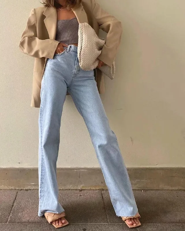 High Waist Casual Washed Jeans Fashionable Cropped Denim Jeans
