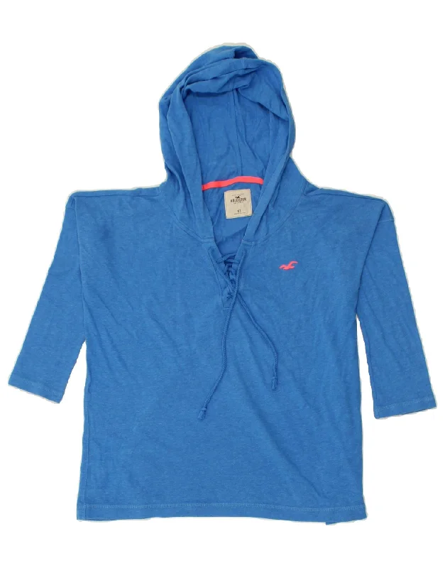 HOLLISTER Womens Oversized 3/4 Sleeve Hoodie Jumper UK 6 XS Blue Cotton Hoodie with Drawcord Adjustable Secure HOLLISTER Womens Oversized 3/4 Sleeve Hoodie Jumper UK 6 XS Blue Cotton Hoodie with Drawcord Adjustable Secure
