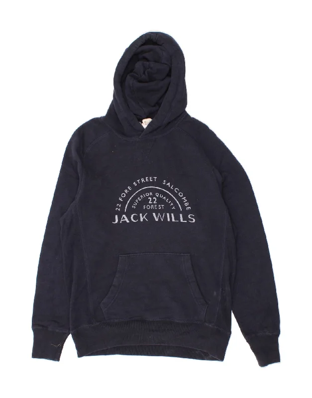 JACK WILLS Mens Graphic Hoodie Jumper XS Navy Blue Cotton Hoodie with Applique Textured Unique JACK WILLS Mens Graphic Hoodie Jumper XS Navy Blue Cotton Hoodie with Applique Textured Unique