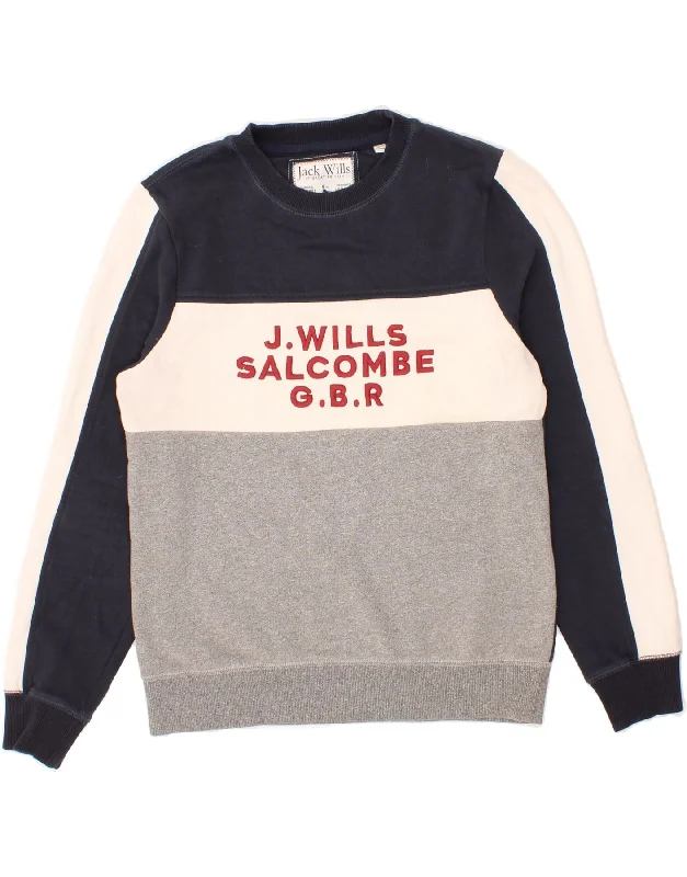 JACK WILLS Mens Graphic Sweatshirt Jumper Medium Navy Blue Colourblock Hoodie with Hem Elastic Stretchable Comfortable JACK WILLS Mens Graphic Sweatshirt Jumper Medium Navy Blue Colourblock Hoodie with Hem Elastic Stretchable Comfortable