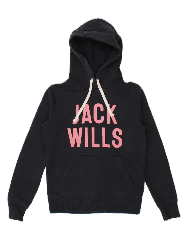 JACK WILLS Womens Graphic Hoodie Jumper UK 6 XS Navy Blue Cotton Graphic Hoodie Design Print JACK WILLS Womens Graphic Hoodie Jumper UK 6 XS Navy Blue Cotton Graphic Hoodie Design Print