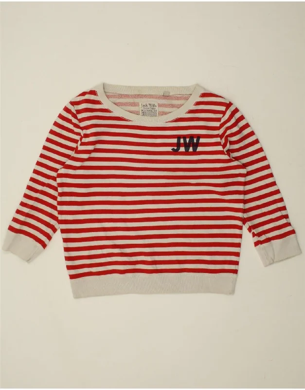 JACK WILLS Womens Sweatshirt Jumper UK 12 Medium  Red Striped Cotton Hoodie with Puffed Sleeves Voluminous Trendy