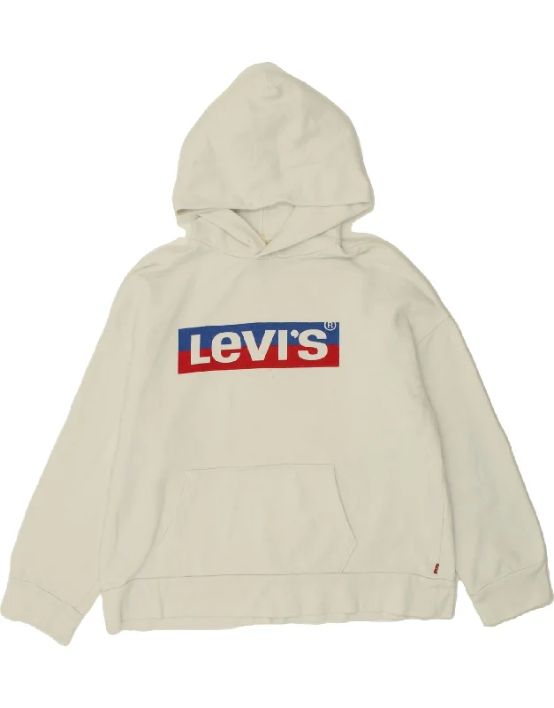 LEVI'S Womens Graphic Hoodie Jumper UK 16 Large White Cotton Hoodie with Hem Frayed Vintage Worn LEVI'S Womens Graphic Hoodie Jumper UK 16 Large White Cotton Hoodie with Hem Frayed Vintage Worn