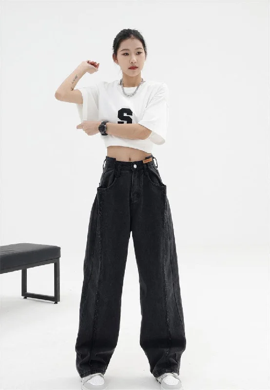 Low Rise Wide Leg Baggy Jeans Stylish Acid-Wash Jeans