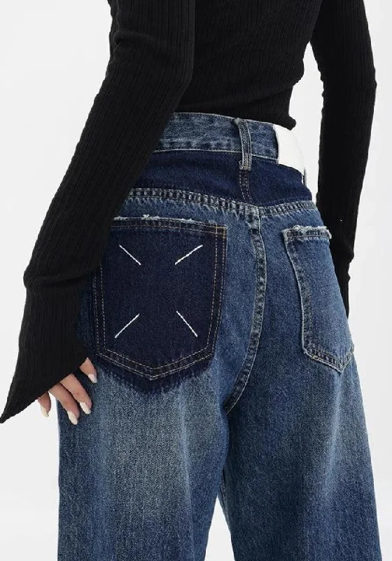 Patch Pocket Straight Leg Denim Jeans Comfortable Mid-Rise Jeans