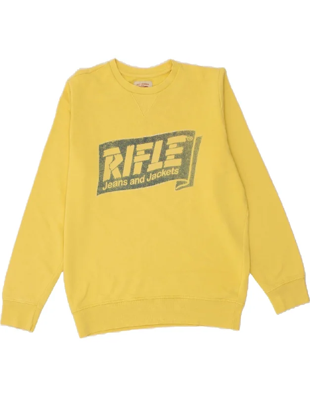 RIFLE Mens Graphic Sweatshirt Jumper Large Yellow Cotton Hoodie with Monochrome Minimalist Simple RIFLE Mens Graphic Sweatshirt Jumper Large Yellow Cotton Hoodie with Monochrome Minimalist Simple