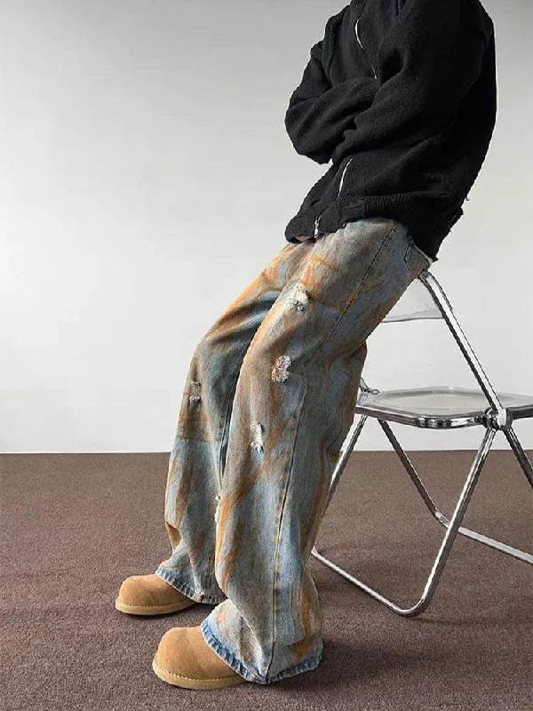 Rusty Pattern Wide Leg Denim Jeans Casual Light Wash Jeans