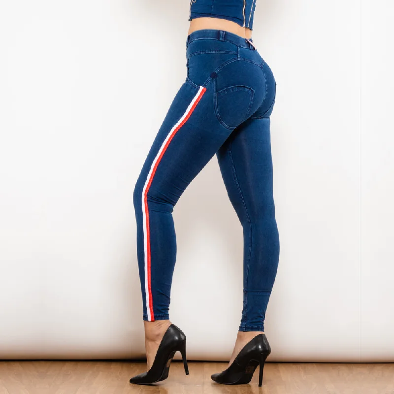 Boost Your Curves with White & Red Side Stripe Dark Blue Denim Butt Lift Jeans for Women Comfortable Full-Length Denim Jeans Boost Your Curves with White & Red Side Stripe Dark Blue Denim Butt Lift Jeans for Women Comfortable Full-Length Denim Jeans