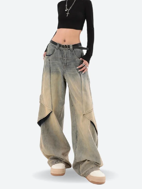 Skater Layered Denim Jeans Trendy Pleated Waist Jeans
