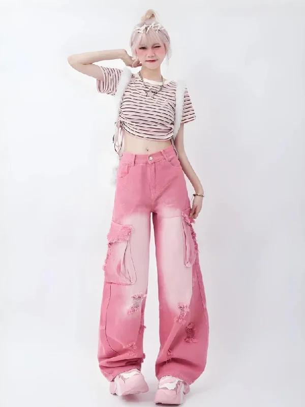 Soft Girl Distressed Cargo Jeans Cozy Wide-Legged Jeans