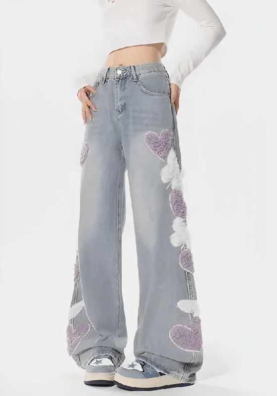 Soft Girl Fluffy Heart Butterfly Jeans Elegant Bootcut Fit Jeans