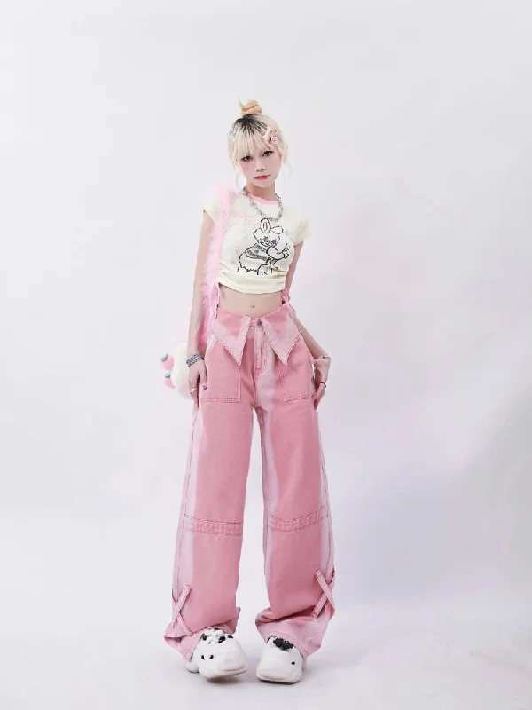Soft Girl Folded Waist Jeans Casual Skinny Fit Jeans