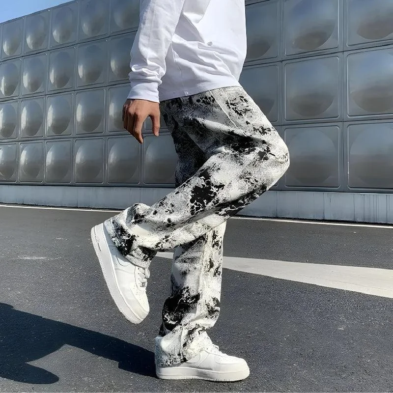 Spray Paint Straight Leg Jeans Comfortable Dark Wash Jeans