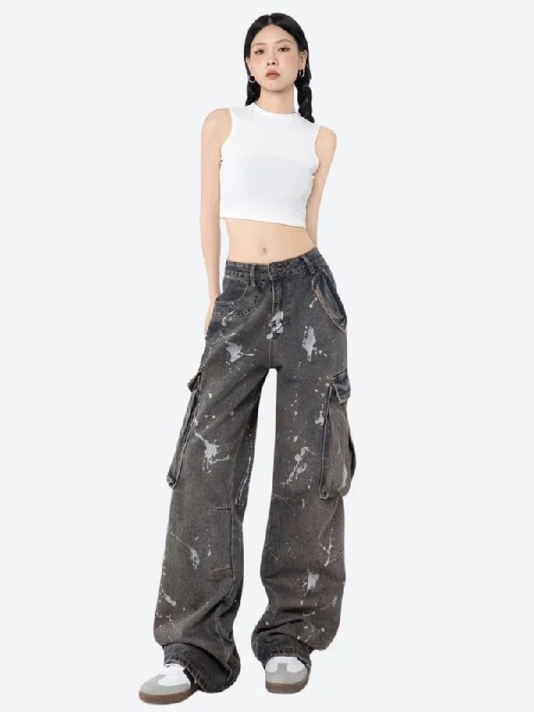 Stained Cargo Jeans Elegant High-Waisted Flared Jeans