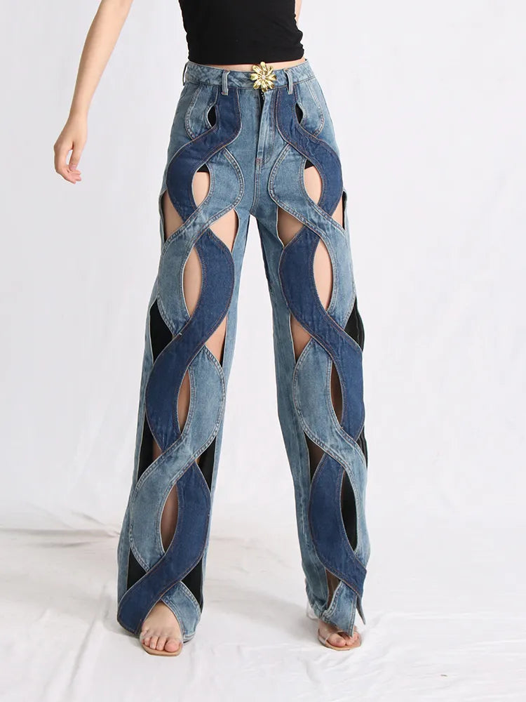 Two Different Denim Cut Out Jeans Comfortable Stretch Fit Jeans