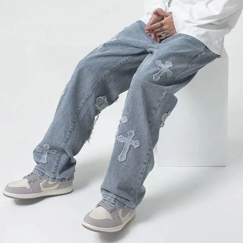 Cross Patchwork Baggy Jeans Chic Vintage-Inspired Denim Jeans